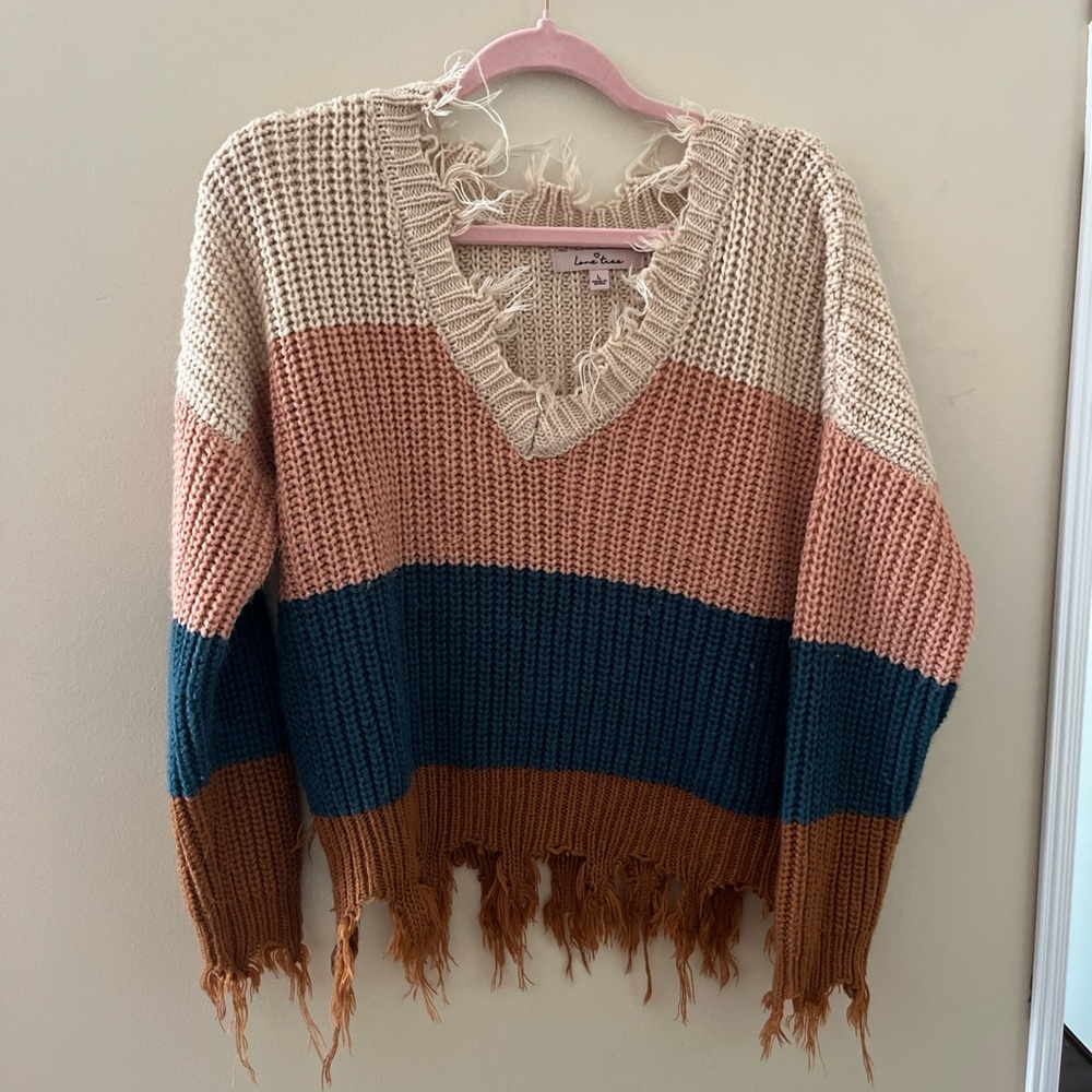 Cream and Pink V-Neck Sweater with Frayed Hem